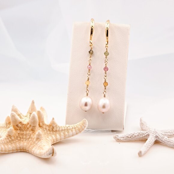 Pearl & Tourmaline Dangle Earrings, 14K Gold Filled Hammered French Hooks - Picture 5 of 9